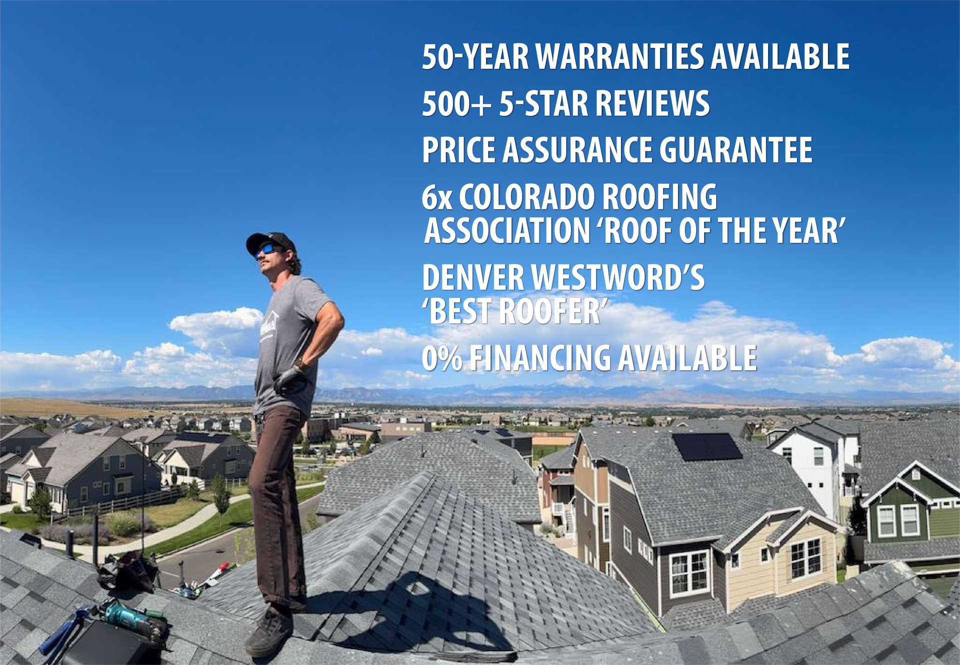 Formula Roofing professional on rooftop overlooking Colorado landscape